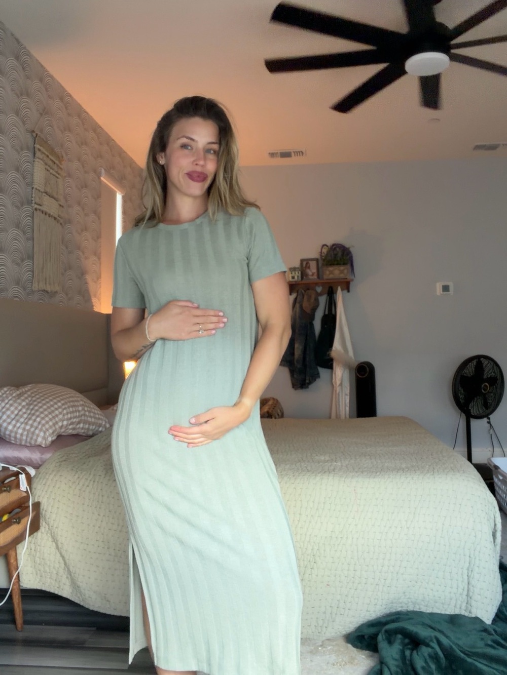 Maternity Sage Green Ribbed Midi Dress